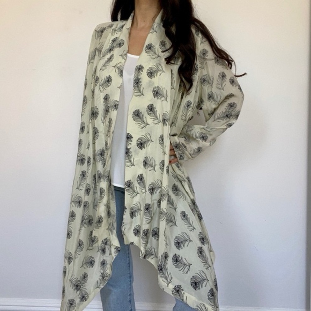 Winter Kate Cream Feather-Print Drape Cardigan size s EUC - Picture 2 of 5